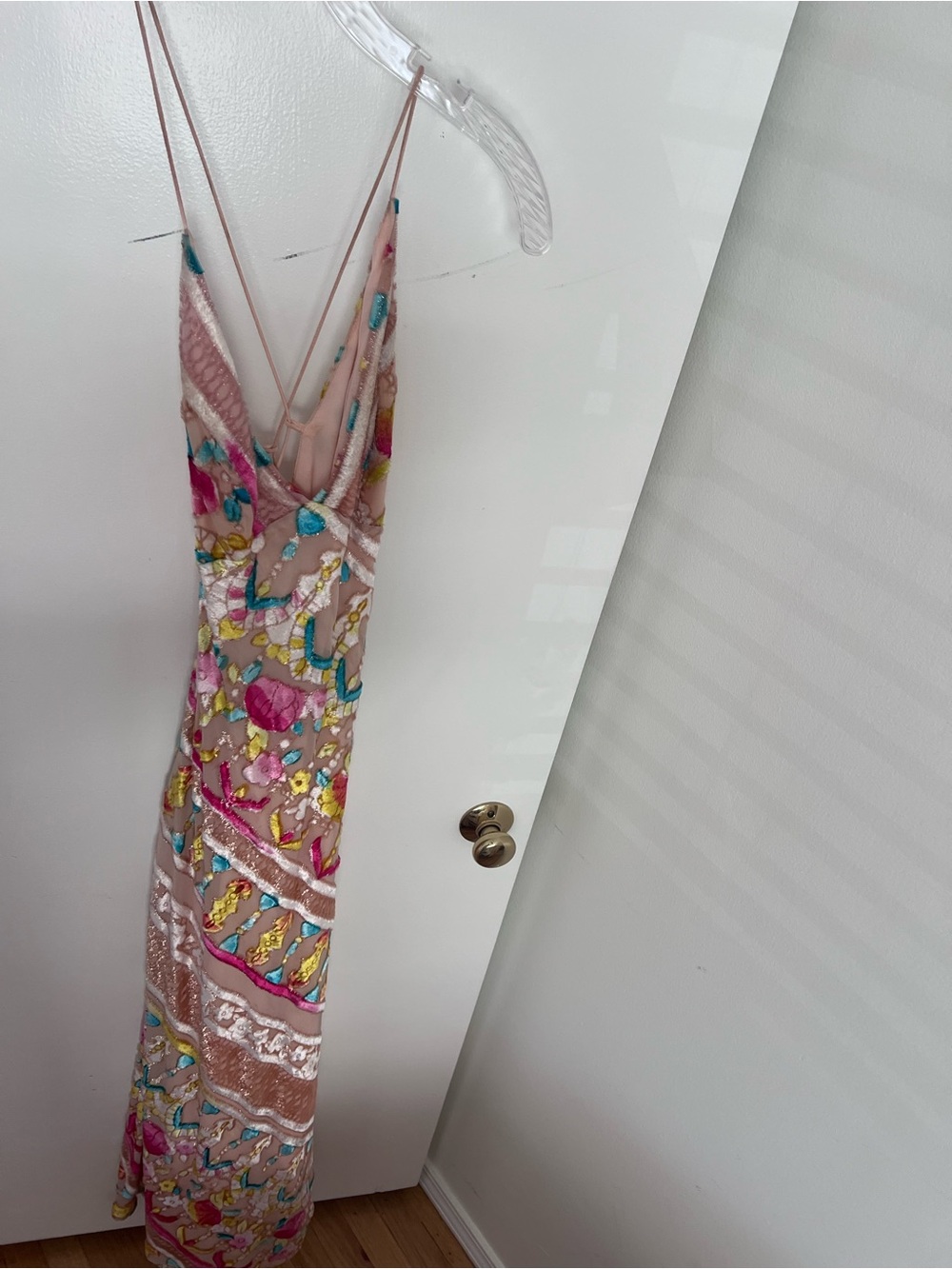 Free People Flocked Multicolor Pink Metallic Embroidered Slip Dress